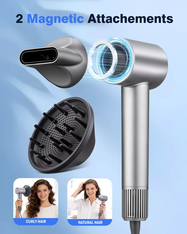 Alt view image 4 of 7 - High-Speed Ionic Hair Dryer Blow Dryer with Diffuser & Concentrator, Grey | 3.7B Negative Ions for Frizz Control, 2 Magnetic Attachments for All Hair Types, Low Noise Portable, Gifts for Women and Men