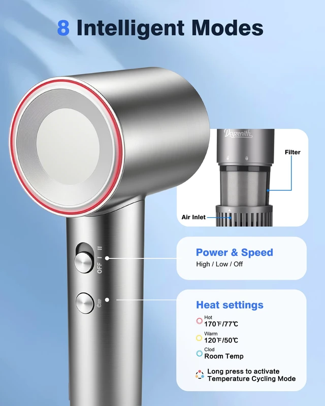 Alt view image 5 of 7 - High-Speed Ionic Hair Dryer Blow Dryer with Diffuser & Concentrator, Grey | 3.7B Negative Ions for Frizz Control, 2 Magnetic Attachments for All Hair Types, Low Noise Portable, Gifts for Women and Men