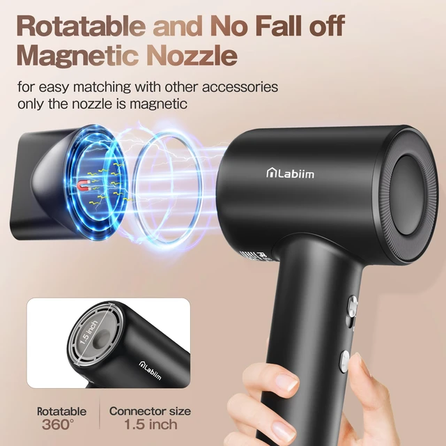 Alt view image 2 of 7 - Hair Dryer, High-Speed Ionic Blow Dryer 110,000 RPM Motor, Black | Fast Drying 200M Ions Frizz & Thermo-Control HairDryer with Magnetic Nozzle, Lightweight Low-Noise Compact for Home Travel