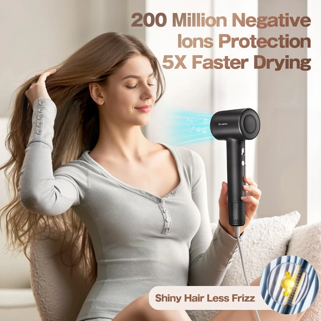 Alt view image 3 of 7 - Hair Dryer, High-Speed Ionic Blow Dryer 110,000 RPM Motor, Black | Fast Drying 200M Ions Frizz & Thermo-Control HairDryer with Magnetic Nozzle, Lightweight Low-Noise Compact for Home Travel