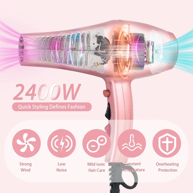 Alt view image 2 of 7 - Ionic Hair Dryer,2400W Negative Ion Low Noise Hair Dryer Professional Fast Drying Hair Dryers with 2 Speeds, 3 Heat Settings, Cooling Button,with Diffuser for Curly and Straight HairSakura Pink