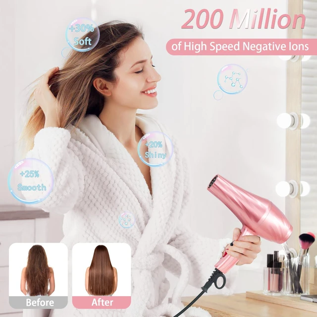 Alt view image 3 of 7 - Ionic Hair Dryer,2400W Negative Ion Low Noise Hair Dryer Professional Fast Drying Hair Dryers with 2 Speeds, 3 Heat Settings, Cooling Button,with Diffuser for Curly and Straight HairSakura Pink