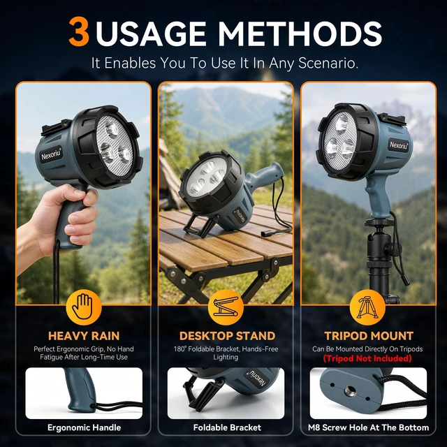 Alt view image 5 of 7 - Rechargeable Spotlight with Stand Super Bright Hands Free Flashligh | Heavy Duty Marine Boat Searchlight for Storm Power Outage