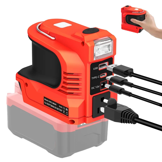Main image of 220W Power Inverter for Craftsman 20V V20 Battery, DC 20V to AC 110120V Converter, Portable Power Station with USB/TypeC/AC/DC 12V & LED Work Light for Camping Emergency Job Site