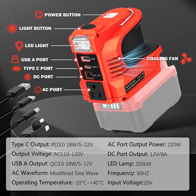 Alt view image 2 of 7 - 220W Power Inverter for Craftsman 20V V20 Battery, DC 20V to AC 110120V Converter, Portable Power Station with USB/TypeC/AC/DC 12V & LED Work Light for Camping Emergency Job Site