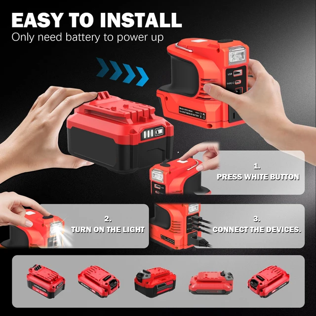 Alt view image 3 of 7 - 220W Power Inverter for Craftsman 20V V20 Battery, DC 20V to AC 110120V Converter, Portable Power Station with USB/TypeC/AC/DC 12V & LED Work Light for Camping Emergency Job Site