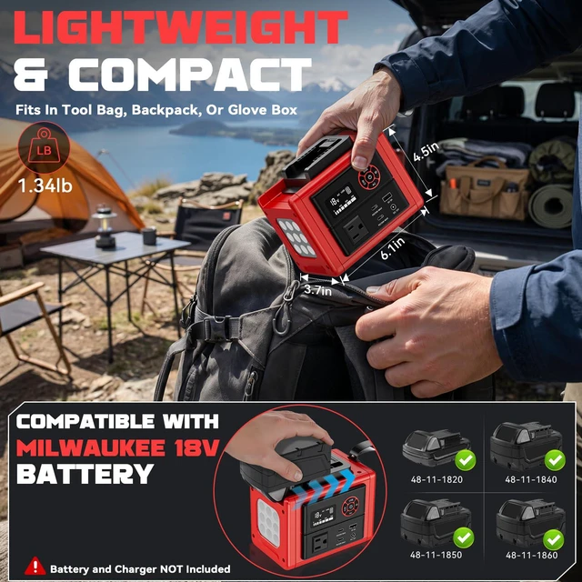 Alt view image 4 of 7 - 350W Power Inverter Compatible with Milwaukee 18V Battery(Tool Only), DC to AC 110V Power Station: 2x70W USB-C Fast Charger, AC, USB-A, 12V DC,800lm LED & Display Camping, Job Site, Emergency