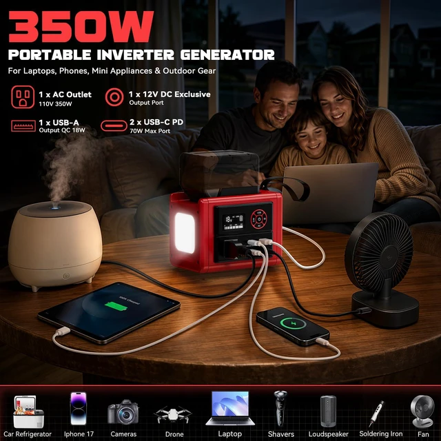 Alt view image 5 of 7 - 350W Power Inverter Compatible with Milwaukee 18V Battery(Tool Only), DC to AC 110V Power Station: 2x70W USB-C Fast Charger, AC, USB-A, 12V DC,800lm LED & Display Camping, Job Site, Emergency