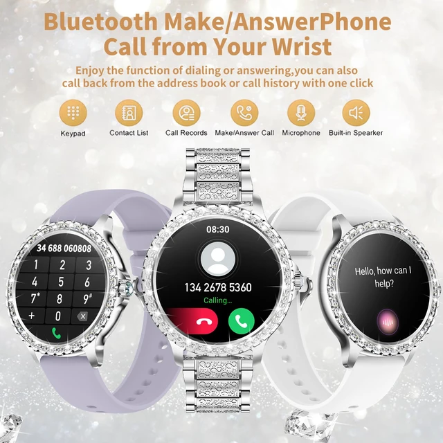 Alt view image 2 of 7 - Smart Watch for Women with Diamonds (Answer/Make Call),1.32''Full Screen Smart Watch for Android /iOS,Fitness Tracker with Heart Rate/Blood Oxygen/Sleep Monitor/AI Voice Watches for Women,3 Straps