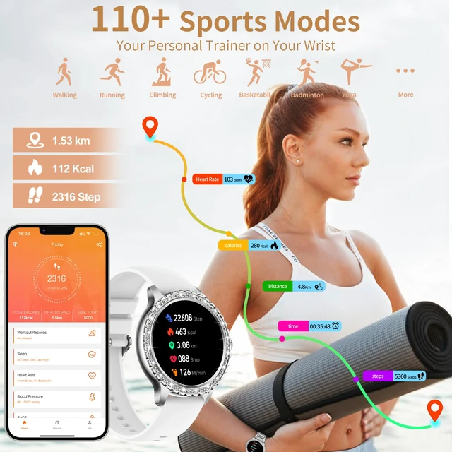 Alt view image 6 of 7 - Smart Watch for Women with Diamonds (Answer/Make Call),1.32''Full Screen Smart Watch for Android /iOS,Fitness Tracker with Heart Rate/Blood Oxygen/Sleep Monitor/AI Voice Watches for Women,3 Straps