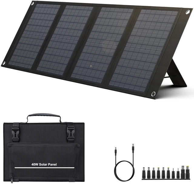 Main image of 40W Portable Solar Panel for 100W~200W Portable Power Station | Foldable Solar Charger with 12-15V DC Output (11 Connectors) and Adjustable Kickstand, USB Port for Camping Hiking RV Trip