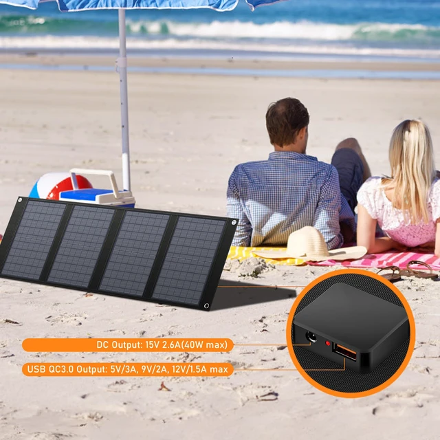 Alt view image 2 of 7 - 40W Portable Solar Panel for 100W~200W Portable Power Station | Foldable Solar Charger with 12-15V DC Output (11 Connectors) and Adjustable Kickstand, USB Port for Camping Hiking RV Trip