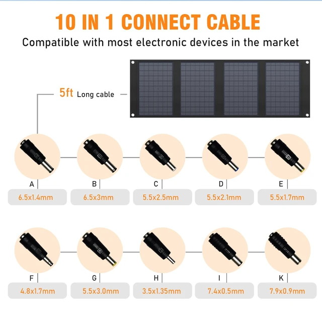 Alt view image 6 of 7 - 40W Portable Solar Panel for 100W~200W Portable Power Station | Foldable Solar Charger with 12-15V DC Output (11 Connectors) and Adjustable Kickstand, USB Port for Camping Hiking RV Trip