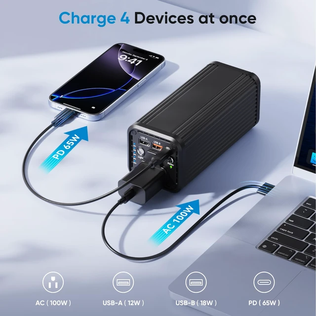 Alt view image 2 of 7 - Power Bank with 100W AC Outlet, 27000mAh (98Wh) Portable Laptop Charger, 65W USB-C PD Fast Charging Battery, Wireless Charging Portable Power Supply for Travel, Camping, Road Trip & Emergency Backup