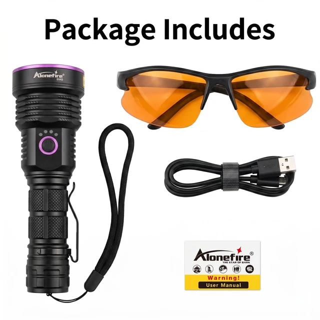 Alt view image 7 of 7 - SV43 36W 365nm UV Flashlight USB C Rechargeable Ultraviolet Black Light Woods Lamp for Pet Urine Detector, Resin Curing, Scorpion, Fishing, Leak with UV Protective Glasses, Battery