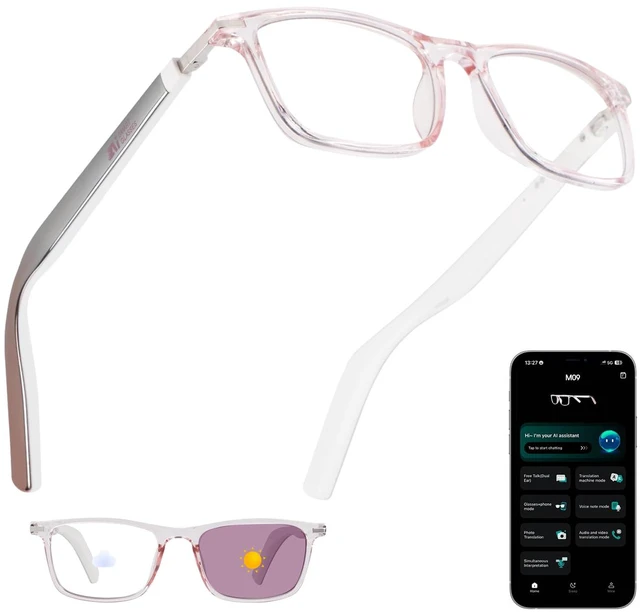 Main image of AI Smart Glasses for Women with Stylish Rose-Gold Thin Temples | Real-Time Translation - 164 Languages, Color-Changing Lenses, Lightweight, Free App, Bluetooth Glasses for Travel Working