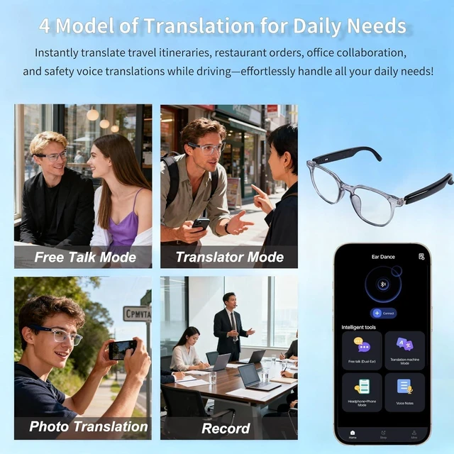 Alt view image 5 of 6 - Ai Smart Glasses Bluetooth 5.4 with Translation for Men Women 160+Languages Color-Change Lens Chat GPT Assistant Free App Translator Glasses Meeting,Driver,Travel