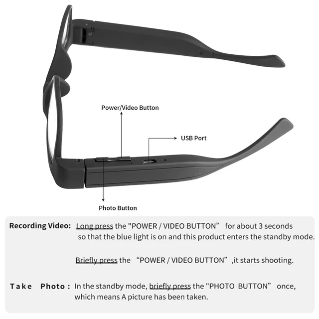 Alt view image 3 of 7 - Camera Glasses Smart Glasses with Camera Outdoor Video Recording Wearable Black Glasses for Men Women adpot USB Port for Driving Riding Training Hiking