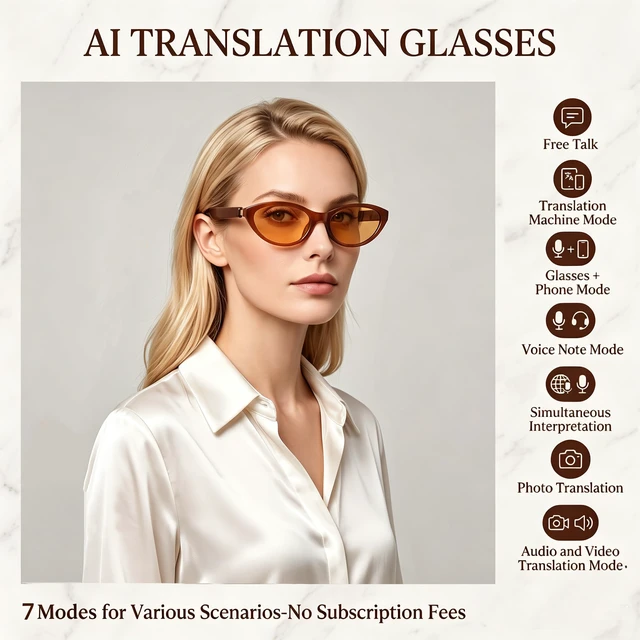 Alt view image 2 of 7 - AI Smart Glasses for Women, Bluetooth Glasses for Travel & Work | 164-Language Translation, 7 Translation Modes, Fashion Cat-Eye Frame, Orange-Tinted Sunglasses Lenses, Open-Ear Audio