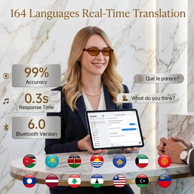 Alt view image 4 of 7 - AI Smart Glasses for Women, Bluetooth Glasses for Travel & Work | 164-Language Translation, 7 Translation Modes, Fashion Cat-Eye Frame, Orange-Tinted Sunglasses Lenses, Open-Ear Audio