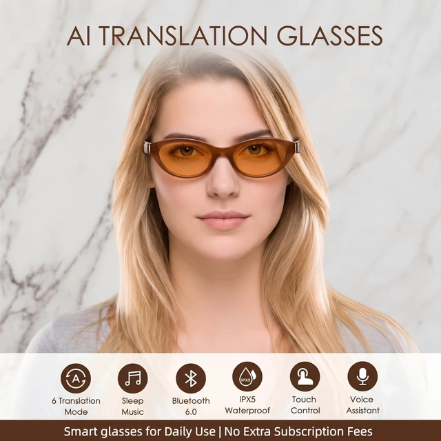 Alt view image 3 of 7 - AI Smart Glasses for Women, Bluetooth Glasses for Travel & Work | 164-Language Translation, 7 Translation Modes, Fashion Cat-Eye Frame, Orange-Tinted Sunglasses Lenses, Open-Ear Audio