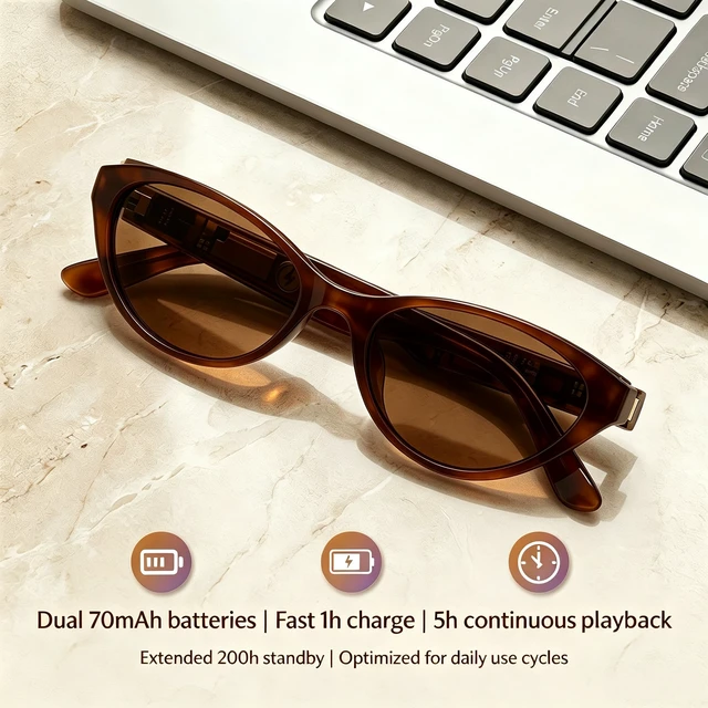 Alt view image 6 of 7 - AI Smart Glasses for Women, Bluetooth Glasses for Travel & Work | 164-Language Translation, 7 Translation Modes, Fashion Cat-Eye Frame, Orange-Tinted Sunglasses Lenses, Open-Ear Audio