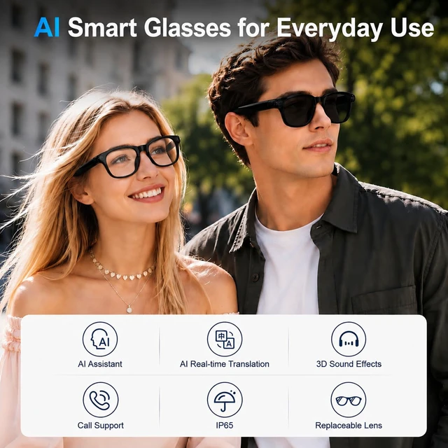 Alt view image 2 of 6 - AI Smart Glasses for Men and Women,8MP Camera, AI Assistant, Real-Time Translation, Object Recognition,Bluetooth Connectivity, Open-Ear Speaker, Replaceable Sunglasses Lenses