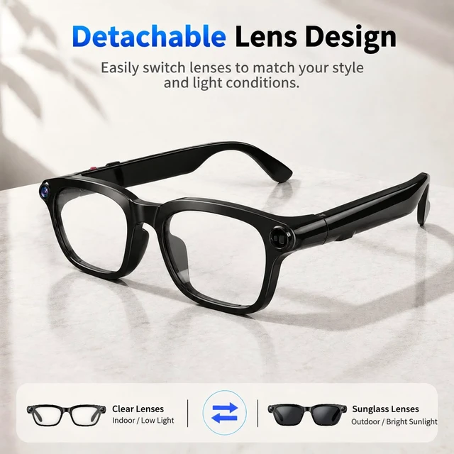 Alt view image 4 of 6 - AI Smart Glasses for Men and Women,8MP Camera, AI Assistant, Real-Time Translation, Object Recognition,Bluetooth Connectivity, Open-Ear Speaker, Replaceable Sunglasses Lenses