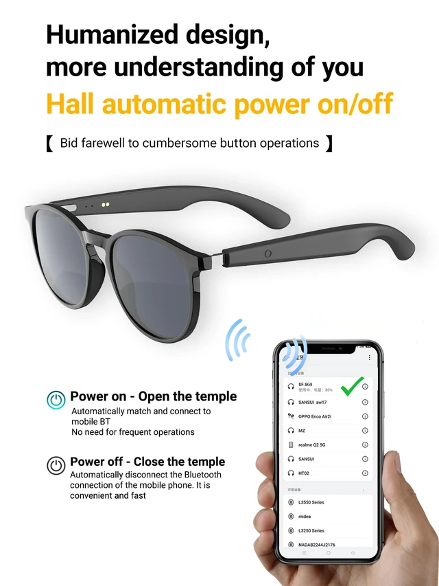 Alt view image 3 of 7 - Smart Sunglasses Bluetooth Glasses, Audio glasses With Speakers, Blue Light Blocking Glasses for Men and Women, Outdoor UV Protection and Voice Control, Hands-Free Calls Smart Audio Eyewear