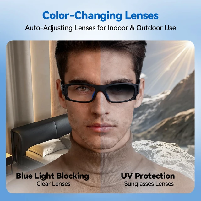 Alt view image 6 of 7 - AI Smart Glasses for Women Men with Real-Time Translation, Music & Hands-Free Calling, AI Vioce Assistant, Photochromic Lens with UV & Blue Light Protection Perfect for Hiking & Cycling
