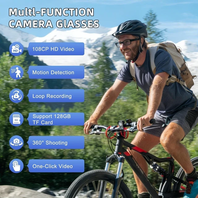 Alt view image 2 of 7 - Camera Glasses 1080P HD Video Recording Smart Glasses with Audio, Wearable POV Camera for Men Women, Hands-Free Recording for Sports Vlogging Outdoor, (32GB SD Card Included)