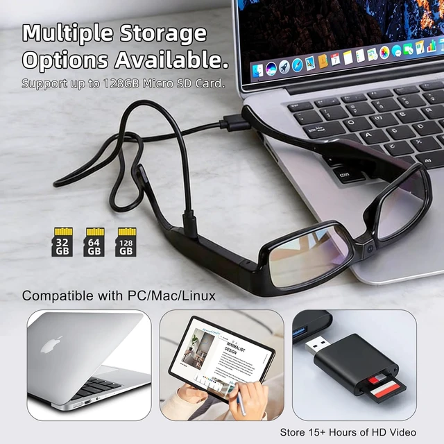 Alt view image 4 of 7 - Camera Glasses 1080P HD Video Recording Smart Glasses with Audio, Wearable POV Camera for Men Women, Hands-Free Recording for Sports Vlogging Outdoor, (32GB SD Card Included)