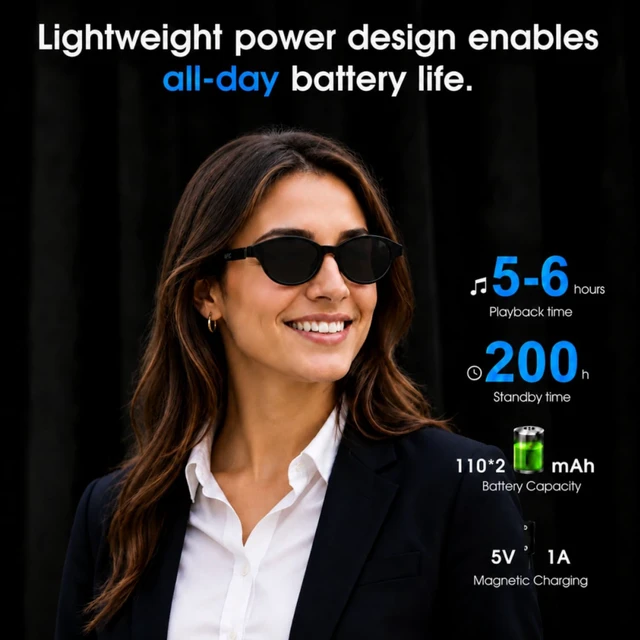 Alt view image 7 of 7 - AI Glasses for Women with Thin Temples Cat Eye Smart Sunglasses | Real-Time Translation - 160+ Languages, Open-Ear Audio Lightweight Bluetooth Glasses for Travel, Business - Black