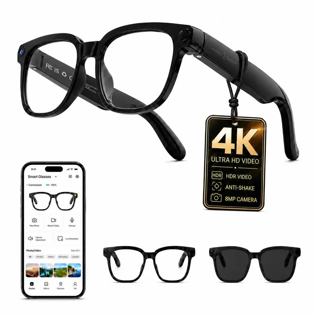 Main image of AI Smart Glasses with Camera, 4K Anti-Shake Video & Photo Capture. | Real-Time Translation, Object Recognition, AI Assistant, Open-Ear Audio, Smart Glasses with Camera and Bluetooth, Black
