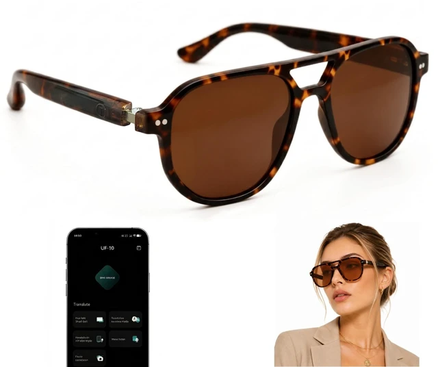 Main image of AI Smart Glasses, Aviator Sunglasses for Travel & Outdoors Activities | 164-Language Translation, 7 Translation Modes, Aviator Frame, Orange-Tinted Sunglasses Lenses, Bluetooth Open-Ear Audio