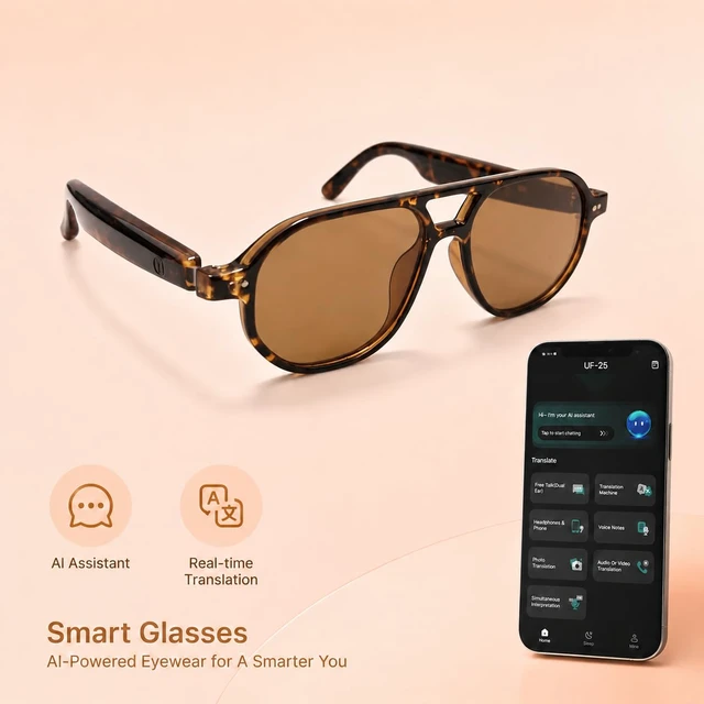 Alt view image 2 of 7 - AI Smart Glasses, Aviator Sunglasses for Travel & Outdoors Activities | 164-Language Translation, 7 Translation Modes, Aviator Frame, Orange-Tinted Sunglasses Lenses, Bluetooth Open-Ear Audio