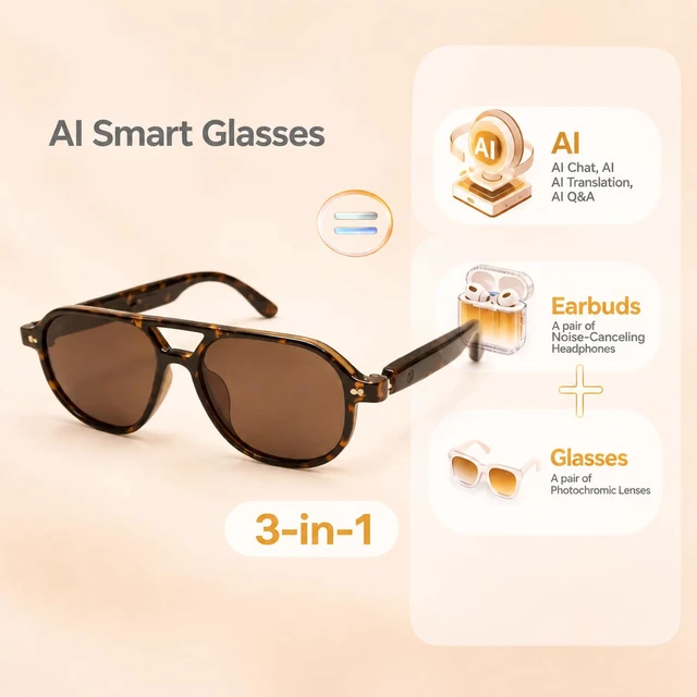 Alt view image 6 of 7 - AI Smart Glasses, Aviator Sunglasses for Travel & Outdoors Activities | 164-Language Translation, 7 Translation Modes, Aviator Frame, Orange-Tinted Sunglasses Lenses, Bluetooth Open-Ear Audio