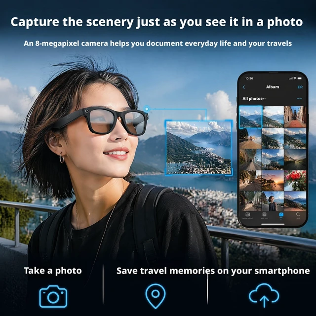 Alt view image 4 of 7 - Smart Glasses with Camera,8MP Photo & Video Recording,Photochromic UV Protection Lens, Bluetooth Open-Ear Audio,Hands-Free Calls,AI Translation,Wearable Smart Eyeglasses for Travel,Vlogging,Meeting