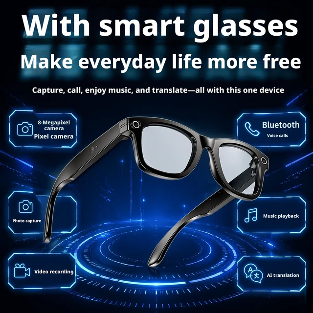 Alt view image 2 of 7 - Smart Glasses with Camera,8MP Photo & Video Recording,Photochromic UV Protection Lens, Bluetooth Open-Ear Audio,Hands-Free Calls,AI Translation,Wearable Smart Eyeglasses for Travel,Vlogging,Meeting