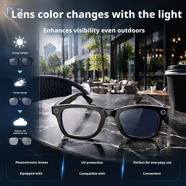 Alt view image 3 of 7 - Smart Glasses with Camera,8MP Photo & Video Recording,Photochromic UV Protection Lens, Bluetooth Open-Ear Audio,Hands-Free Calls,AI Translation,Wearable Smart Eyeglasses for Travel,Vlogging,Meeting