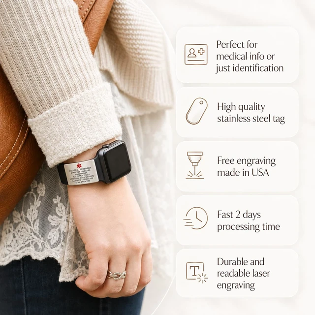 Alt view image 4 of 7 - Alert ID Tag for Watch Band, Laser Engraved Apple Watch Safety Plate, Fitness Runners ID tag for Sport smartwatch, Medical tag for Wrist Band