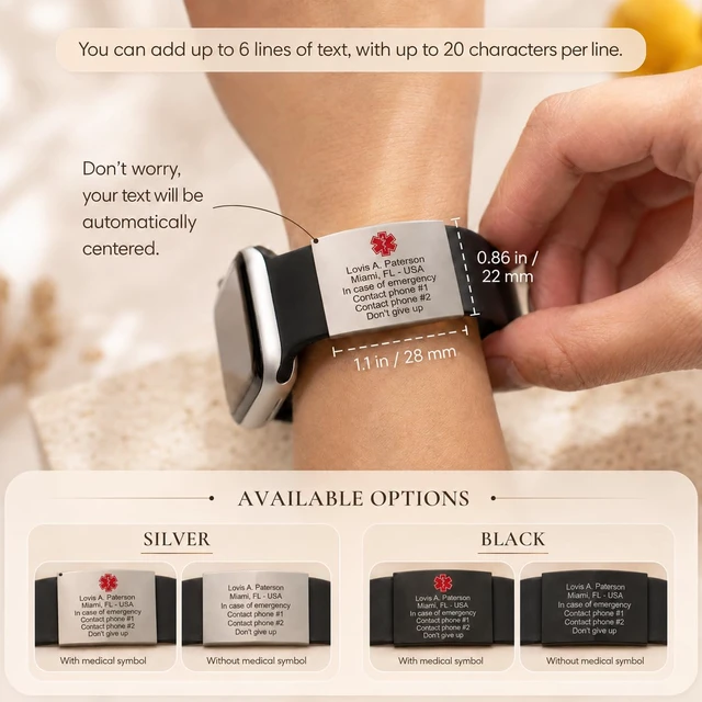 Alt view image 6 of 7 - Alert ID Tag for Watch Band, Laser Engraved Apple Watch Safety Plate, Fitness Runners ID tag for Sport smartwatch, Medical tag for Wrist Band
