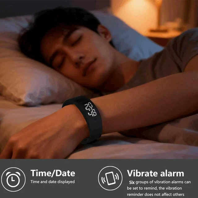 Alt view image 5 of 7 - Vibrating Alarm Clock Watch for Heavy Sleepers, Silent Wake Up Bracelet & Smart Wristband, Wearable Vibration Wrist Alarm, Non-Audible Sleep Wristband for Men & Women, Black