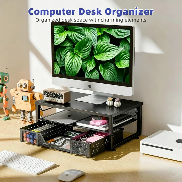 Alt view image 2 of 7 - Monitor Stand Riser, Laptop Stand, Desktop Drawer, Black | Metal 2-Tier Desk Organizer, Sturdy Material, Space Saving, for Home Office, 16"W x 10"D x 5.8"H