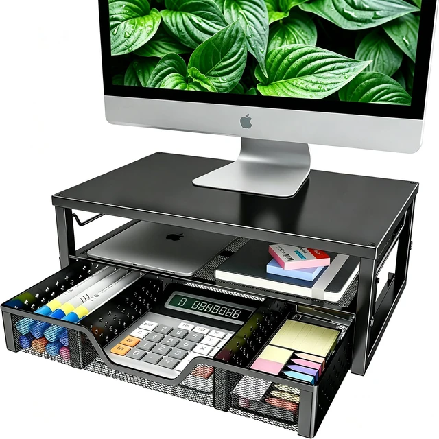 Main image of Monitor Stand Riser, Laptop Stand, Desktop Drawer, Black | Metal 2-Tier Desk Organizer, Sturdy Material, Space Saving, for Home Office, 16"W x 10"D x 5.8"H