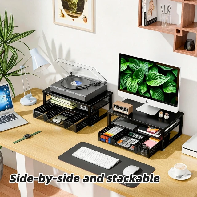 Alt view image 4 of 7 - Monitor Stand Riser, Laptop Stand, Desktop Drawer, Black | Metal 2-Tier Desk Organizer, Sturdy Material, Space Saving, for Home Office, 16"W x 10"D x 5.8"H