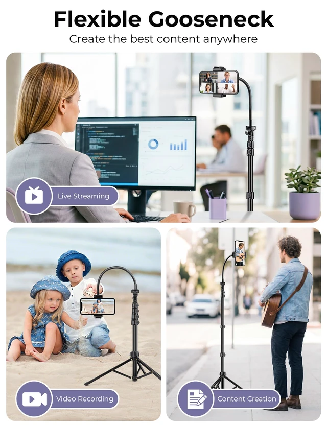 Alt view image 2 of 7 - Phone Tripod Stand, 81" Tall Cellphone Tripod for iPhone with Gooseneck | Flexible Portable Phone Stand for Recording with Remote, Compatible with iPhone 17 16 15 Pro Android Camera