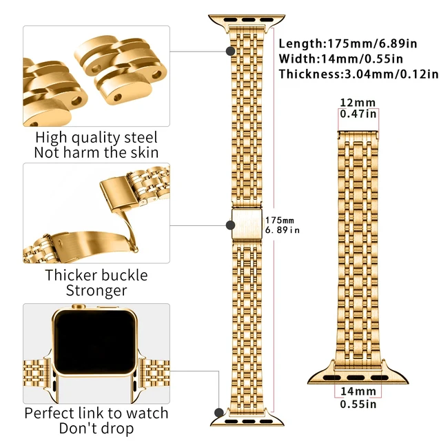 Alt view image 3 of 6 - Gold Watch Band for Apple Watch 42mm Series 10/11 Women's Strap | Luxury Stainless Steel Bands with Case, Adjustable Replacement for iWatch, Compatible with Series 9/8/7/6/5/4/3/2/1/SE, Gold