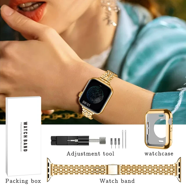Alt view image 6 of 6 - Gold Watch Band for Apple Watch 42mm Series 10/11 Women's Strap | Luxury Stainless Steel Bands with Case, Adjustable Replacement for iWatch, Compatible with Series 9/8/7/6/5/4/3/2/1/SE, Gold