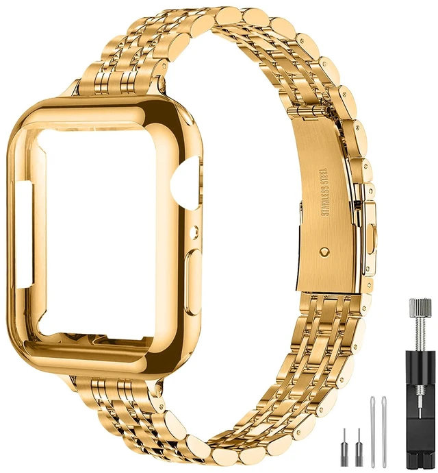 Main image of Gold Watch Band for Apple Watch 42mm Series 10/11 Women's Strap | Luxury Stainless Steel Bands with Case, Adjustable Replacement for iWatch, Compatible with Series 9/8/7/6/5/4/3/2/1/SE, Gold
